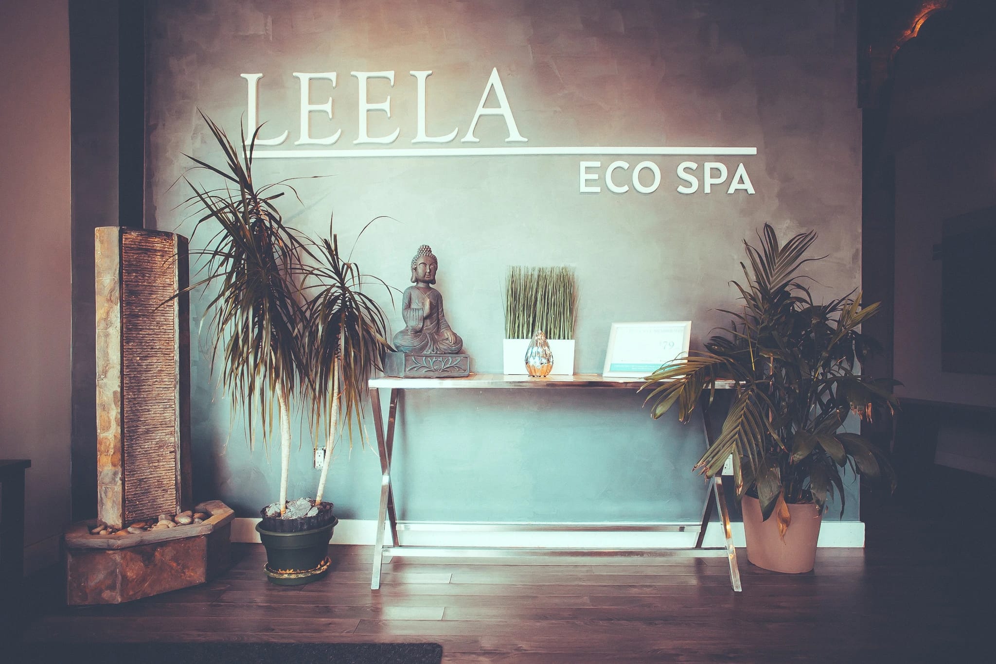 Feature wall and zen console in the Bridgeland location at Leela Eco Spa.