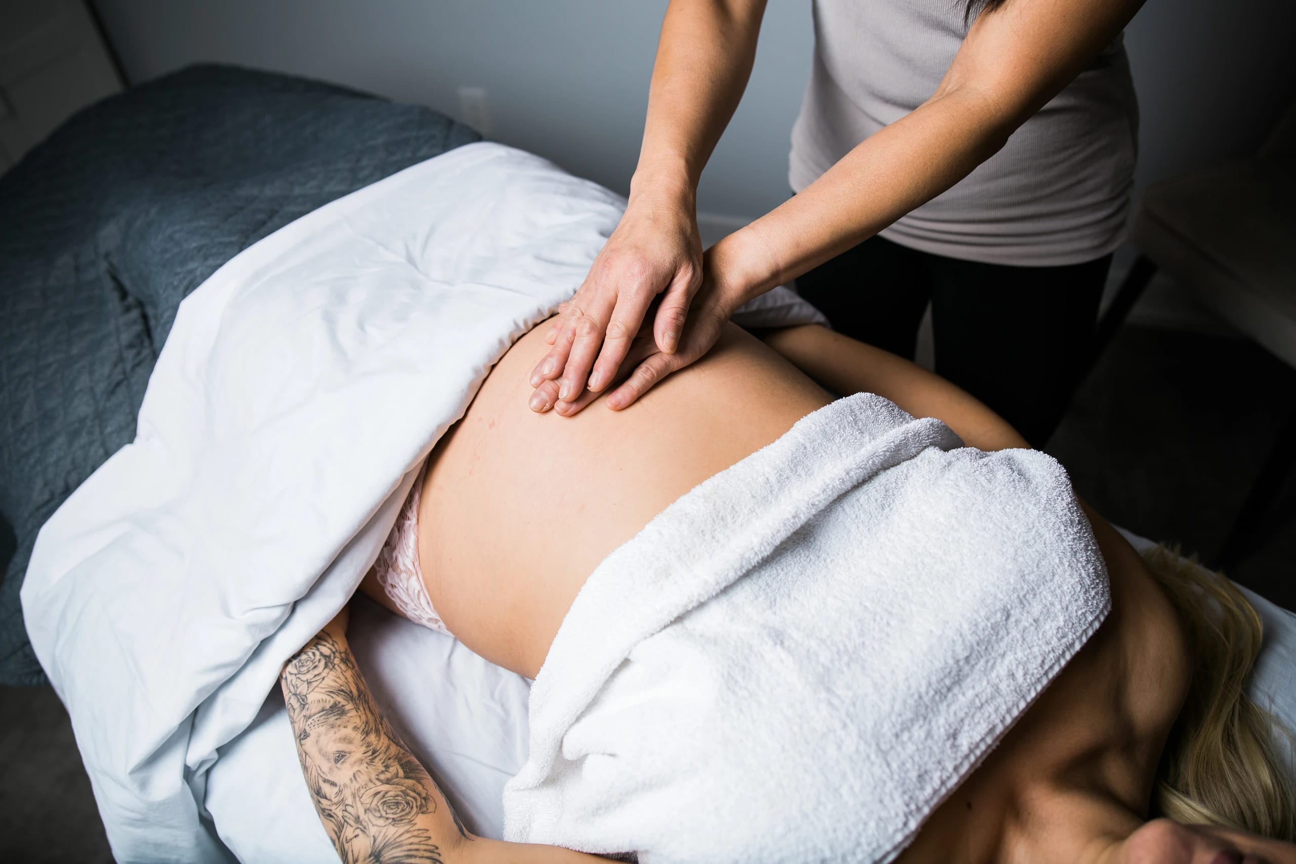 A prenatal massage at Leela Eco Spa with supportive side-lying care.