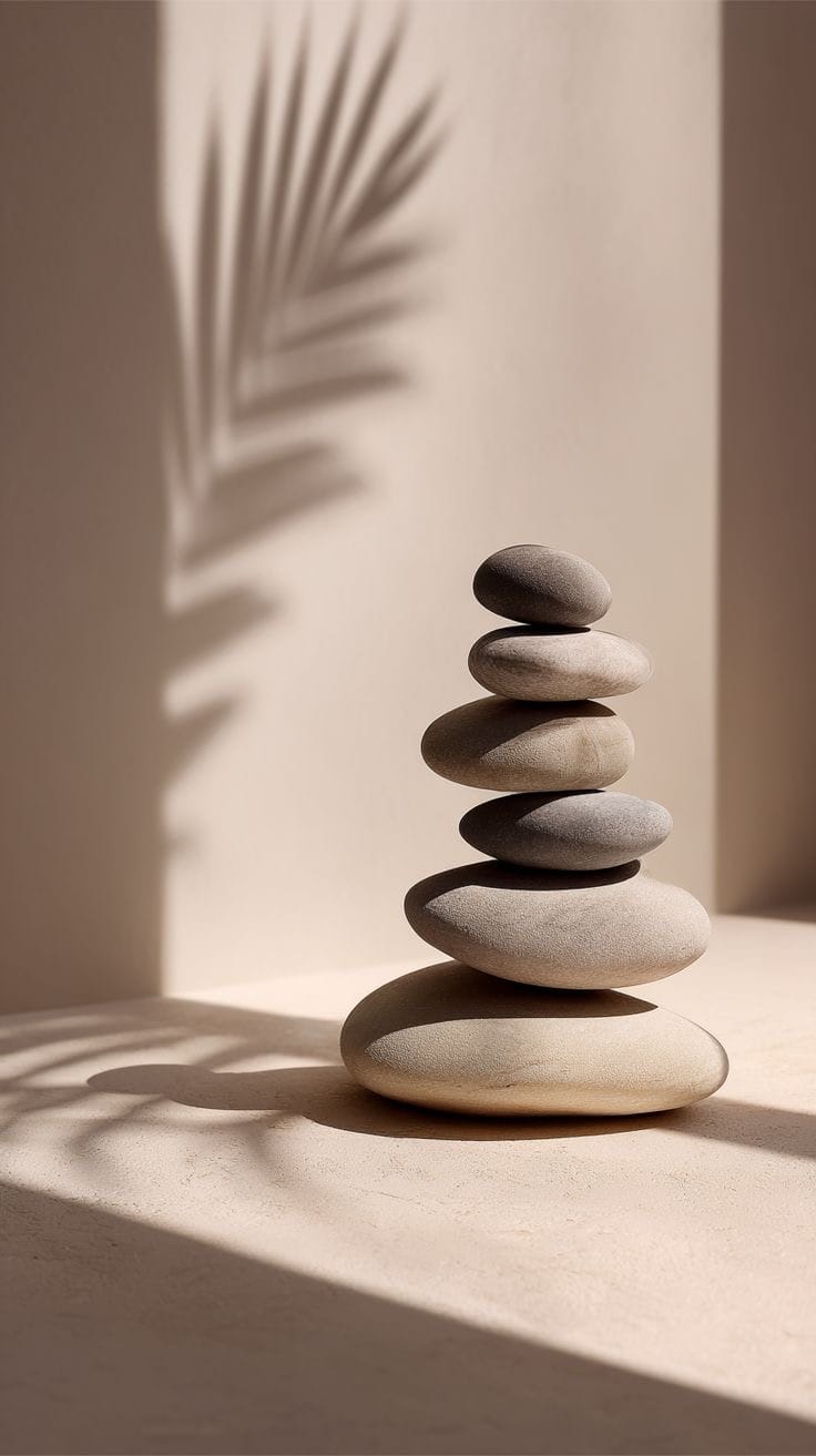Balanced smooth stones in warm sunlight with a palm-leaf shadow.