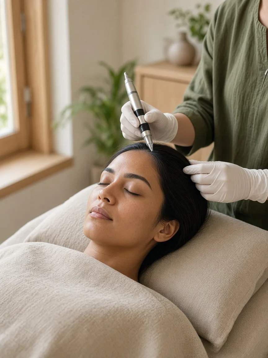 A practitioner preparing a scalp microneedling treatment at Leela Eco Spa.
